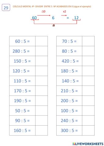 Cálculo 10.2 (ficha 29) Dividir entre 5