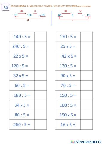 Cálculo 10.3 (ficha 30) Multiplicar y dividir entre 5.