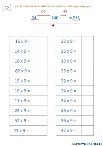 Cálculo 11.2 (ficha 32) Multiplicar por 9