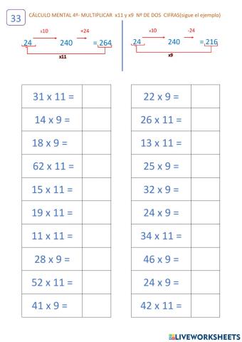 Cálculo 11.3(ficha 33) Multiplicar x11 y x9.