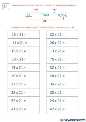 Cálculo 12.1(ficha 34) Multiplicar x21