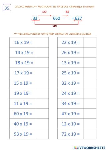 Cálculo 12.2 (ficha 35) Multiplicar x19