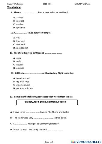 G7 21-22 Worksheet 3 mid of 2nd term  Vocabulary
