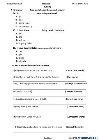 Worksheet 3 mid of 2nd term  Grammar