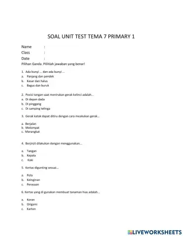 Soal SBDP Tema 7 Primary 1