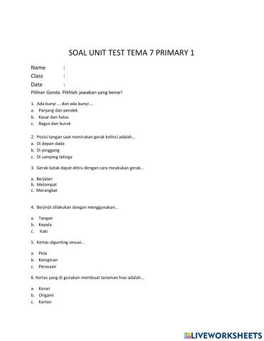 Soal SBDP Tema 7 Primary 1