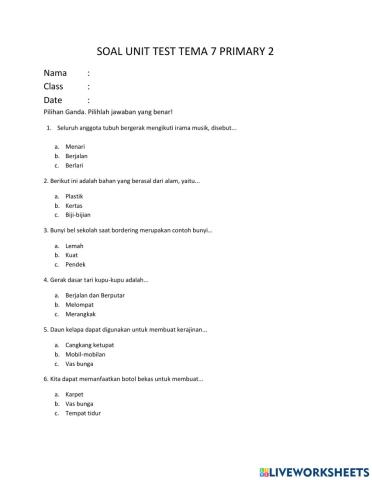 Soal Unit Test Tema 7 Primary 2