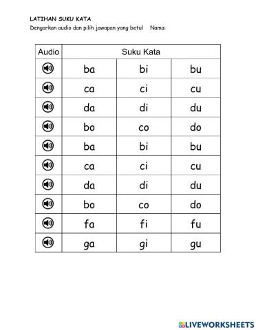 Latihan Mendengar Bunyi Suku Kata
