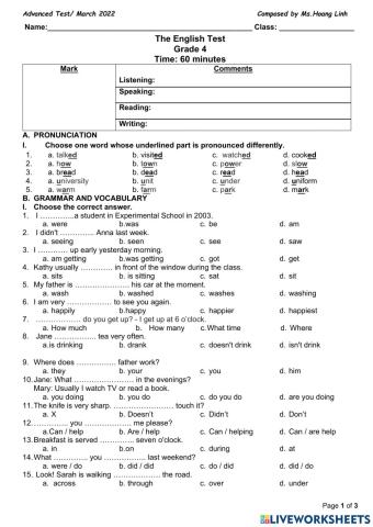 Englist Test 4B March 2022