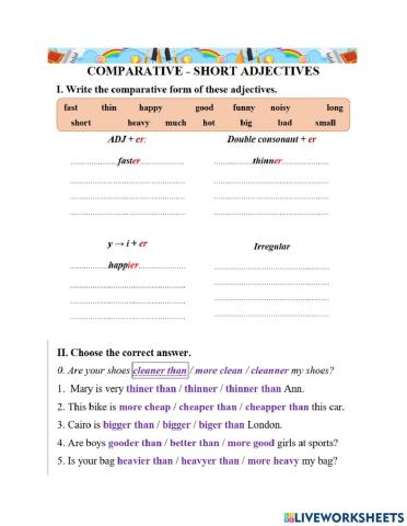 Bài tập 1 ss hơn với tính từ ngắn