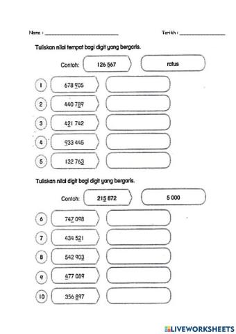 Tuliskan nilai tempat dan nilai digit nombor