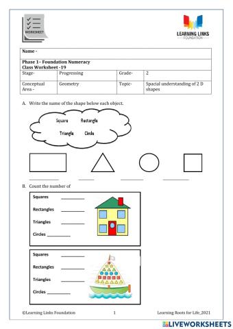 Phase 1–Foundation Numeracy Class Worksheet -19                                                     Class Worksheet -19