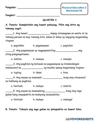 PE - Pagsasayaw Worksheet 2