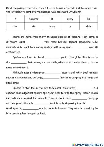 Cloze Passage (Spiders and Healthy Food)