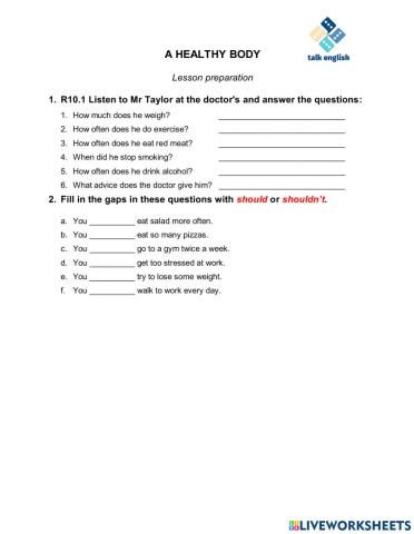 A HEALTHY BODY - Lesson prep