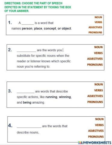 Parts of speech - tick boxes