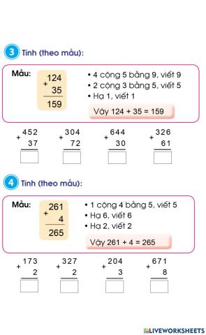 Phép cộng không nhớ trong phạm vi 1000 (Bài 3,4)