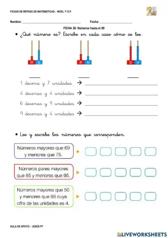 Ficha Matemáticas 38-1EP-Números hasta 99