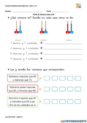 Ficha Matemáticas 38-1EP-Números hasta 99