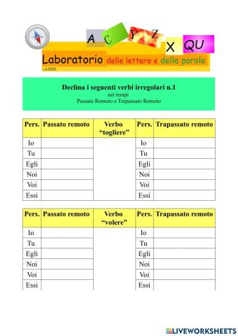 Verbi irregolari n.1. Declina nei tempi passato remoto e trapassato remoto