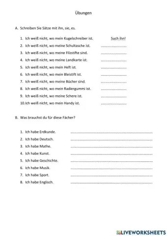 Fächer und Schulsachen