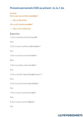 Pronoms COD Le, La, L', Les