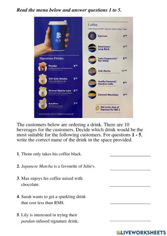 ZUS Coffee Menu Reading Worksheet