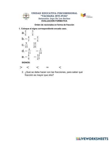 Orden de racionales en forma de fracción