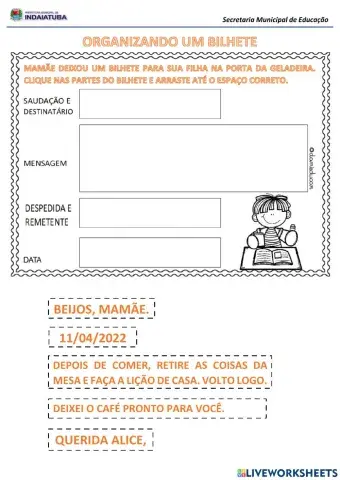 Organizando um bilhete