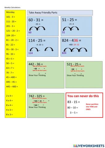 CHILL5 Math Subtraction Mentals Take Away Friendly Numbers in Parts Set 6