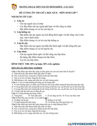 Đề cương ôn thi giữa học kì ii - MÔN SINH LỚP 7