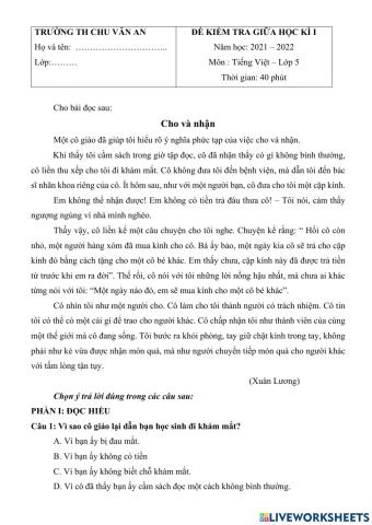 Tiếng Việt lớp 5 - Đọc hiểu văn bản