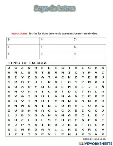 Tipos de Energia - Sopa de Letras