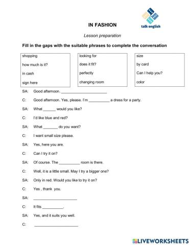 IN FASHION Lesson preparation