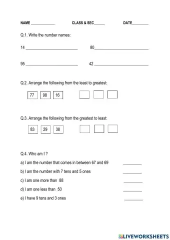 Number Sense up to 99