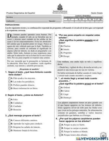 Prueba diagnostica de español sexto grado