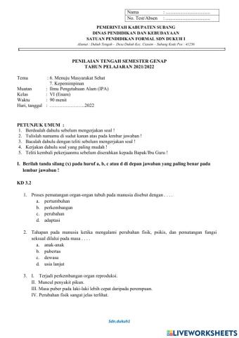 Soal PTS IPA Semester 2 Kelas 6