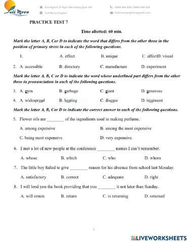 Đề thi vào 10. Practice Test 7