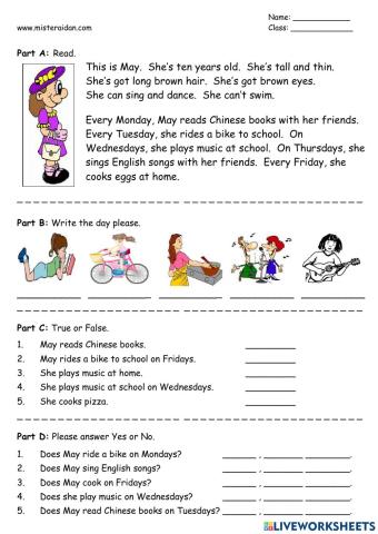 Days of week -reading comprehension