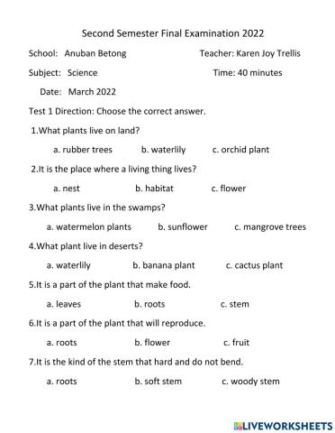 Final Exam in Science 1-5