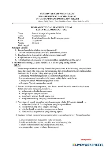 Soal PTS Semester 2 PPKN Kelas 6