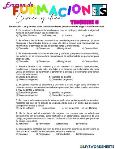 Examen de Formacion Civica y Etica Segundo Trimestre