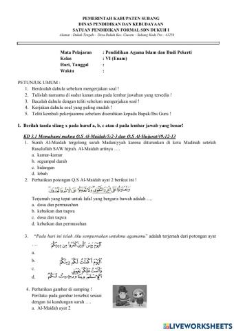 Soal PTS PAI BP Kelas 6 Semester 2