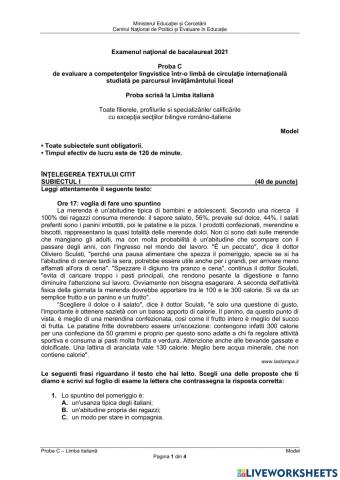 Bacalaureat - proba scrisa - competenta lingvistica in limba italiana
