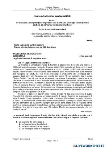Bacalaureat - proba scrisa - competenta lingvistica in limba italiana 2022
