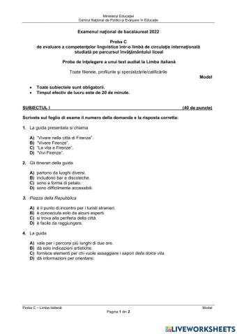 Bacalaureat - proba C de evaluare a competentelor in limba italiana - proba orala 2022