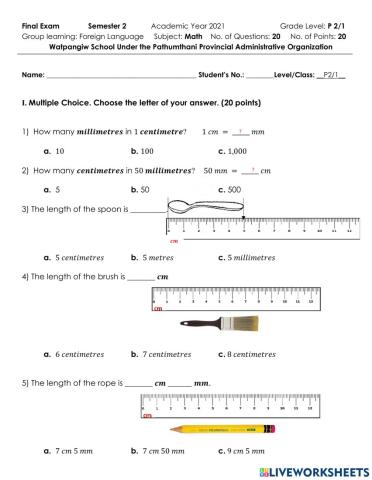 P2 Math Final Test (Term 2) 2021