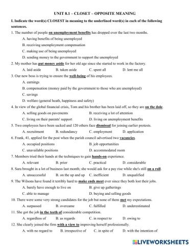 Y12 Unit 8.1 - Closet - Opposite meanings