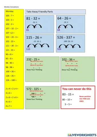 CHILL5 Math Subtraction Mentals Take Away Friendly Numbers in Parts Set 4
