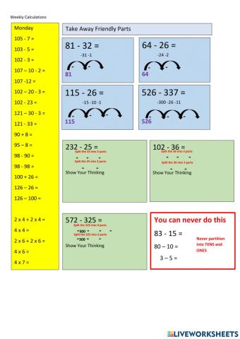 CHILL5 Math Subtraction Mentals Take Away Friendly Numbers in Parts Set 4